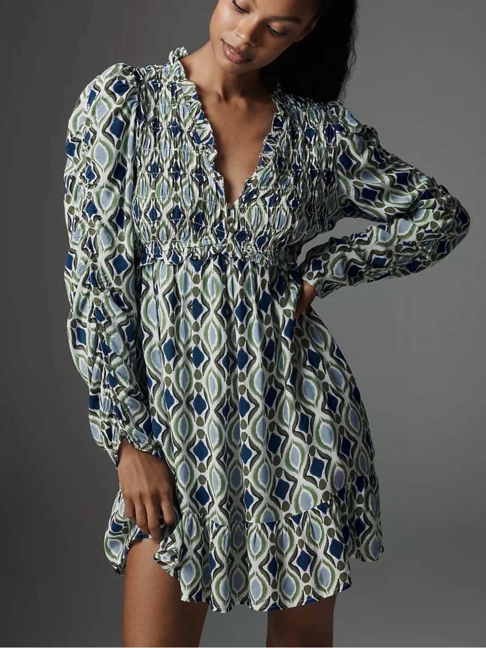 Anthropologie Blue Green Ruffle Mini Dress NWT Large Geometric